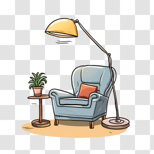 Couch And Lamp - Cozy Blue Armchair With Lamp And Plant Transparent PNG