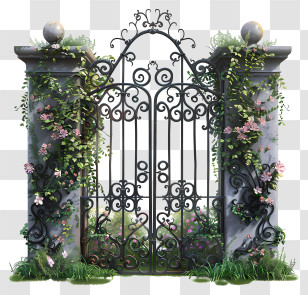 Spring Garden Gate Flowers - Decorative Garden Gate With Floral Vines Transparent PNG