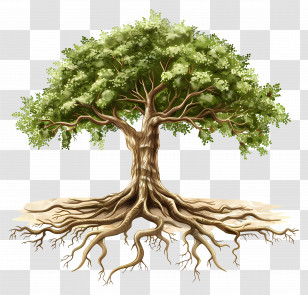 Tree With Roots - Tree With Visible Roots And Green Leaves Transparent PNG