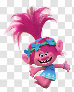 Queen Poppy - Cheerful Pink Troll Character With Flowers Transparent PNG