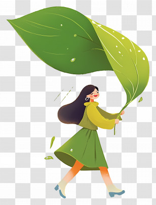 Girl Running In Rain - Girl Holding Large Leaf Transparent PNG