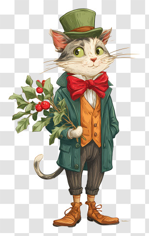 Victorian Christmas Cat - Cat In Victorian Outfit With Holly Transparent PNG