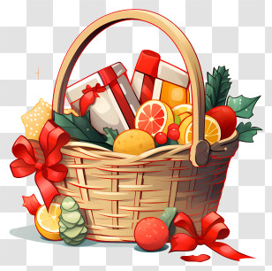 Christmas Basket - Festive Gift Basket With Fruits And Decorations Transparent PNG