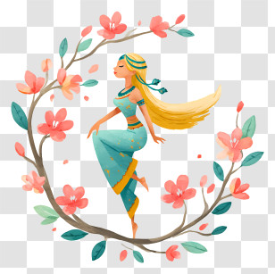 Woman On Flowering Branch - Dancer In Floral Wreath Transparent PNG