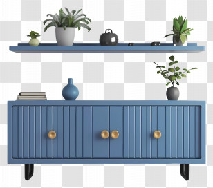 Cabinets - Blue Cabinet With Shelf And Plants Transparent PNG