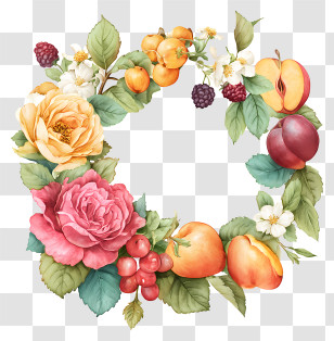 Flower Fruit Wreath - Beautiful Floral Wreath With Fruits And Flowers Transparent PNG