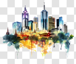 Melbourne City Skyline - Vibrant Cityscape In Watercolor Transparent PNG
