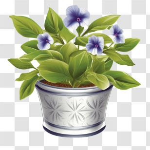 Vinca Flower - Green Potted Plant With Blue Flowers In Silver Pot Transparent PNG
