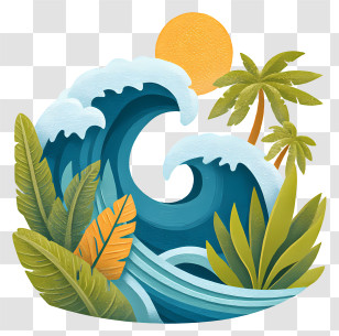 Beach Wave - Ocean Wave With Palm Trees And Sun Transparent PNG