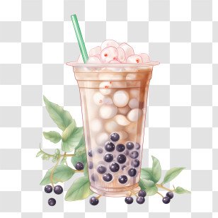 Bubble Milk Tea - Bubble Tea With Boba And Illustrated Leaves Transparent PNG