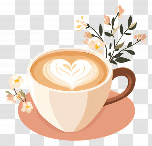 Morning Coffee - Latte With Heart Art And Floral Touch Transparent PNG