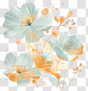 Gold Flowers - Abstract Floral Art With Blue And Orange Flowers Transparent PNG