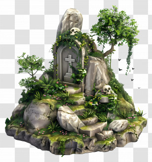 Grave - Spooky Tombstone With Skulls And Vines Transparent PNG