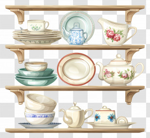 Dishes - Beautiful Ceramic Dishes On Shelves Transparent PNG