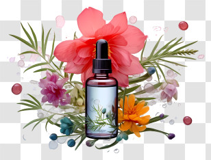 Minimalized Flat Vector Illustrate - Essential Oil Bottle With Colorful Flowers Transparent PNG