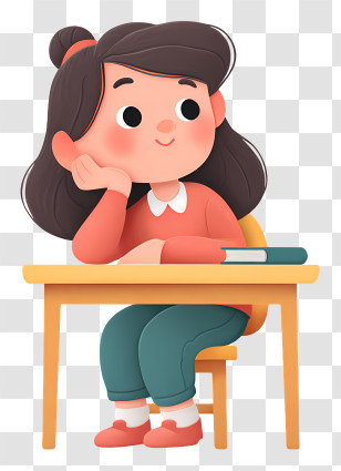 School Girl Sitting At Table - Cute Girl Sitting At Desk With Book Transparent PNG
