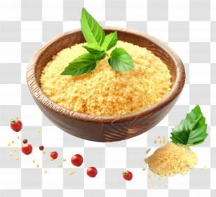 African Food - Wooden Bowl Of Couscous Garnished With Basil Transparent PNG