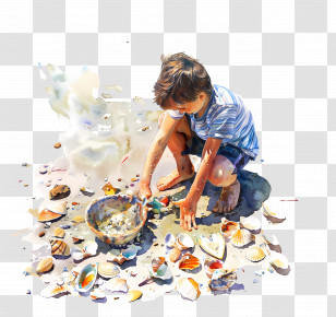 Beachcombing - Boy Collecting Shells On The Beach Transparent PNG