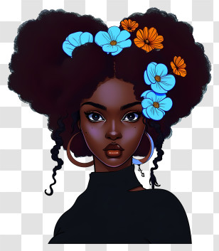 Flat Black Girl - Stylistic Portrait With Hair Floral Decorations Transparent PNG