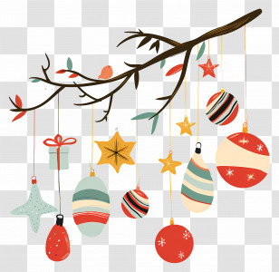 Christmas Decoration - Festive Hanging Ornaments On Branch Transparent PNG