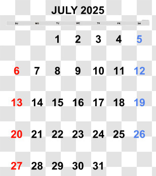 July 2025 Calendar - June 2026 Calendar Transparent PNG