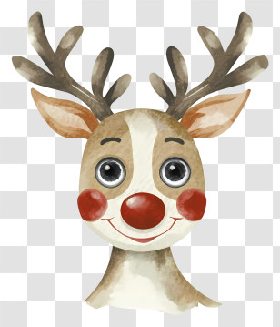 Watercolor Painting - Cartoon Reindeer Face With Red Nose For Christmas Transparent PNG