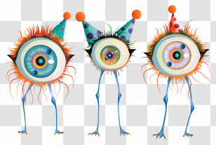 Cute Eyeballs - Cartoon One-Eyed Monsters With Party Hats Transparent PNG