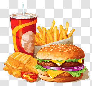 Fast Food - Fast Food Combo Of Burger, Fries, And Drink Transparent PNG