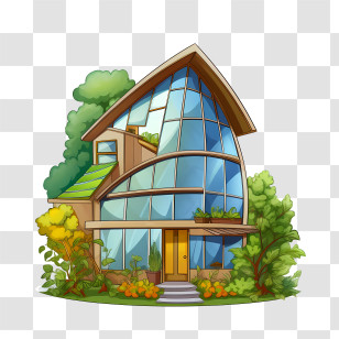 Eco House - Modern Glass House In Cartoon Style With Greenery Transparent PNG