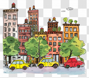 Cars In The City - Hand-drawn Urban Cityscape With Cars Transparent PNG