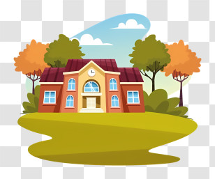 Cartoon School - School Building Surrounded By Trees Transparent PNG