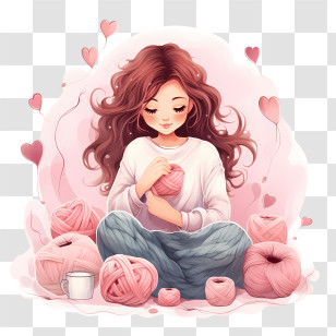 I Love Yarn Day - Girl Knitting With Yarn And Hearts Transparent PNG