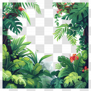 Jungle Vines - Tropical Jungle Frame With Lush Green Leaves And Flowers Transparent PNG