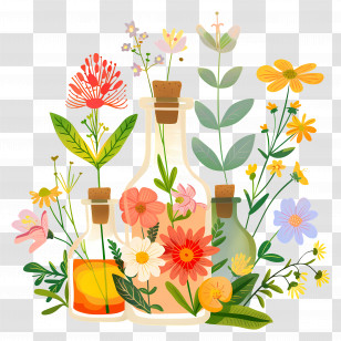 Flower Essences - Glass Bottles With Colorful Flowers Transparent PNG