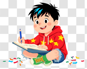 Cartoon Boy Sitting - Boy Drawing With Stars On Hoodie Transparent PNG