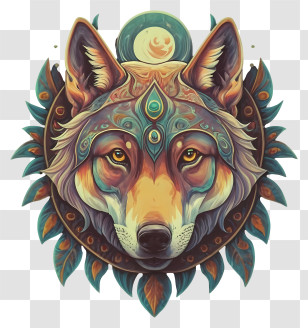 Wolf Illustration - Decorative Wolf Illustration With Mystical Moon Transparent PNG