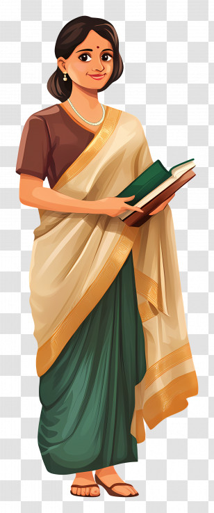 Teacher - Illustration Of A Woman In Saree Holding Books Transparent PNG