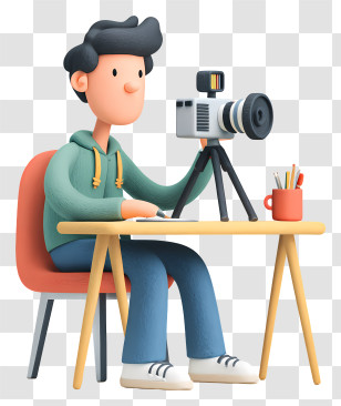 Man Vlogger Working At Desk - Cartoon Photographer At Desk Transparent PNG