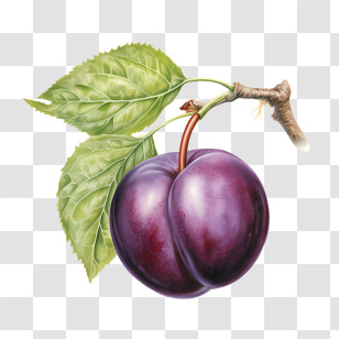 Plum - Purple Plum On Branch With Green Leaves Transparent PNG