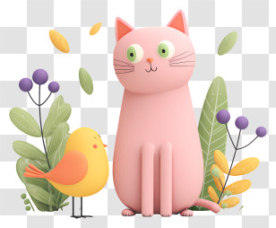 Pink Cat And Bird - Pink Cat With Yellow Bird Transparent PNG