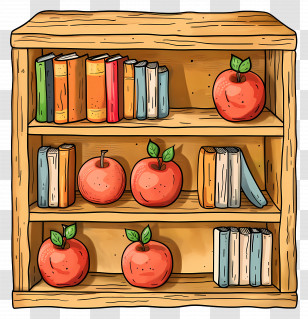 Bookshelf - Bookshelf With Books And Apples Transparent PNG