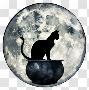 Cat Silhouette - Black Cat On A Cauldron Silhouette Under Moon For Halloween Transparent PNG