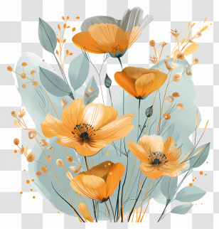 Gold Flowers - Elegant Soft Orange Flowers Watercolor Transparent PNG
