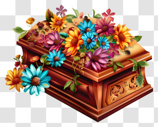 Funeral - Wooden Coffin With Colorful Flowers Transparent PNG
