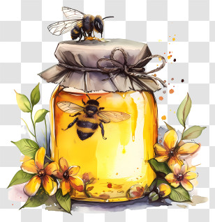 Honey Glass Jar - Jar Of Honey With Bees And Flowers Transparent PNG