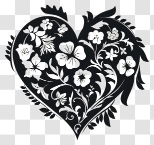 Decorative Heart - Black And White Floral Heart Design Transparent PNG