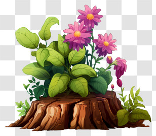 Potted Plant - Flowers Blooming On Tree Stump Transparent PNG
