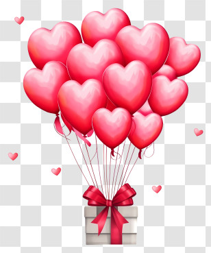 Cartoon Valentine Gift Balloon - Heart-Shaped Balloons Tied To Gift Box Transparent PNG