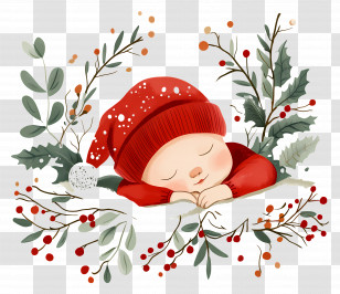 Christmas Baby - Sleeping Baby In Red Hat With Christmas Decor Transparent PNG