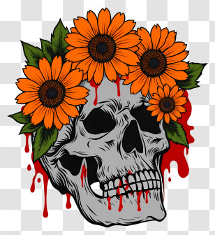 Halloween Skull Flowers - Skull With Sunflowers Illustration Transparent PNG